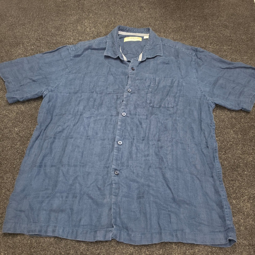 Tommy Bahama Mens XL Blue 100% Linen Short Sleeve Button Down Camp Shirt Dobby
